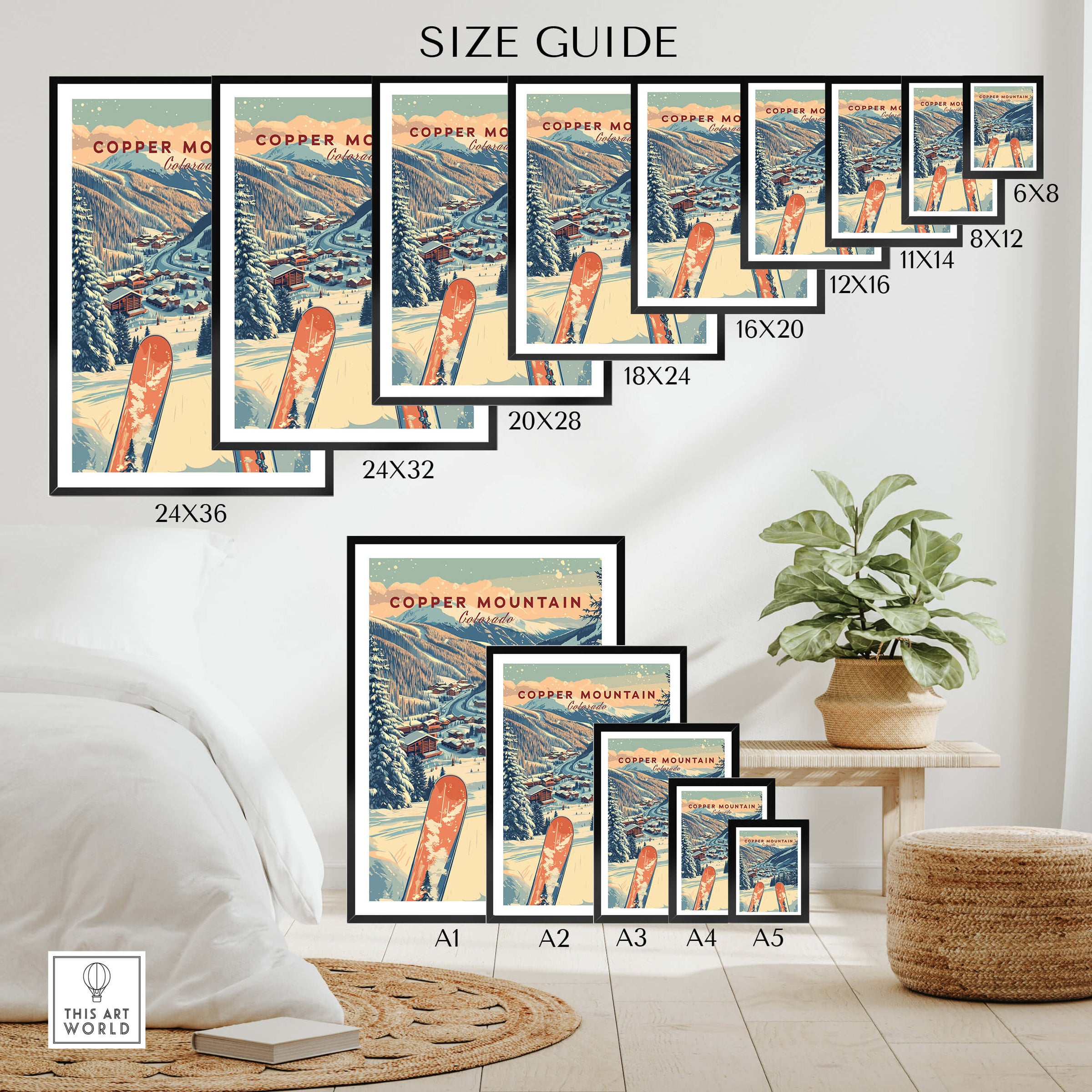 Copper Mountain Travel Poster – Sunset Ski Slopes size guide showing various frame sizes and dimensions.