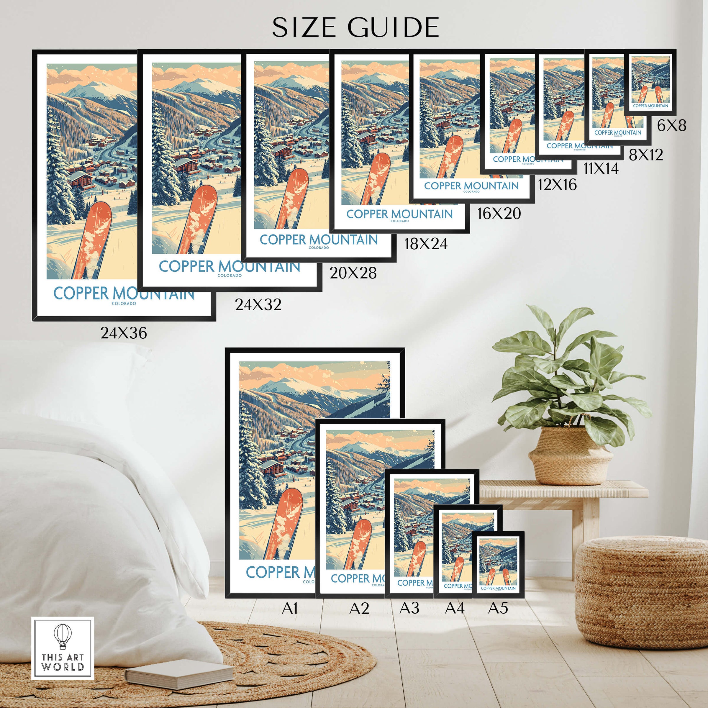 Copper Mountain Colorado Wall Art – Winter Mountain Ski Resort Wall Decor size guide showcasing various print dimensions.