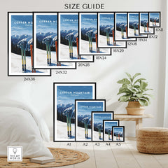 Copper Mountain Travel Poster – Colorado Mountain Summit & Ski Art Print size guide with framed options and plant decor.