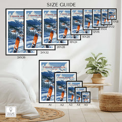 Copper Mountain Ski Poster – Winter Ski Village & Snowy Mountain Art size guide showcasing various frame options.