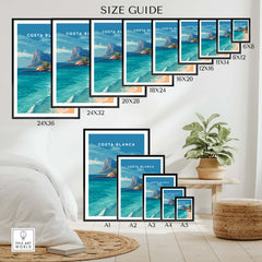 Costa Blanca Spain Travel Art – Mediterranean Village & Turquoise Sea Landscape Poster size guide showcasing various frame options.