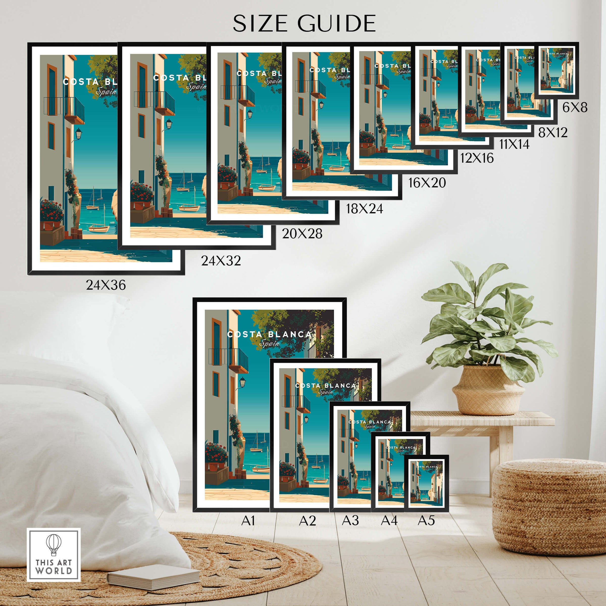 Costa Blanca Spain Print – Iconic White Village & Mediterranean Architecture Wall Decor size guide display.