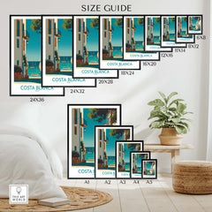 Costa Blanca Spain Wall Art Print - Spanish Village Artwork size guide featuring various frame dimensions.