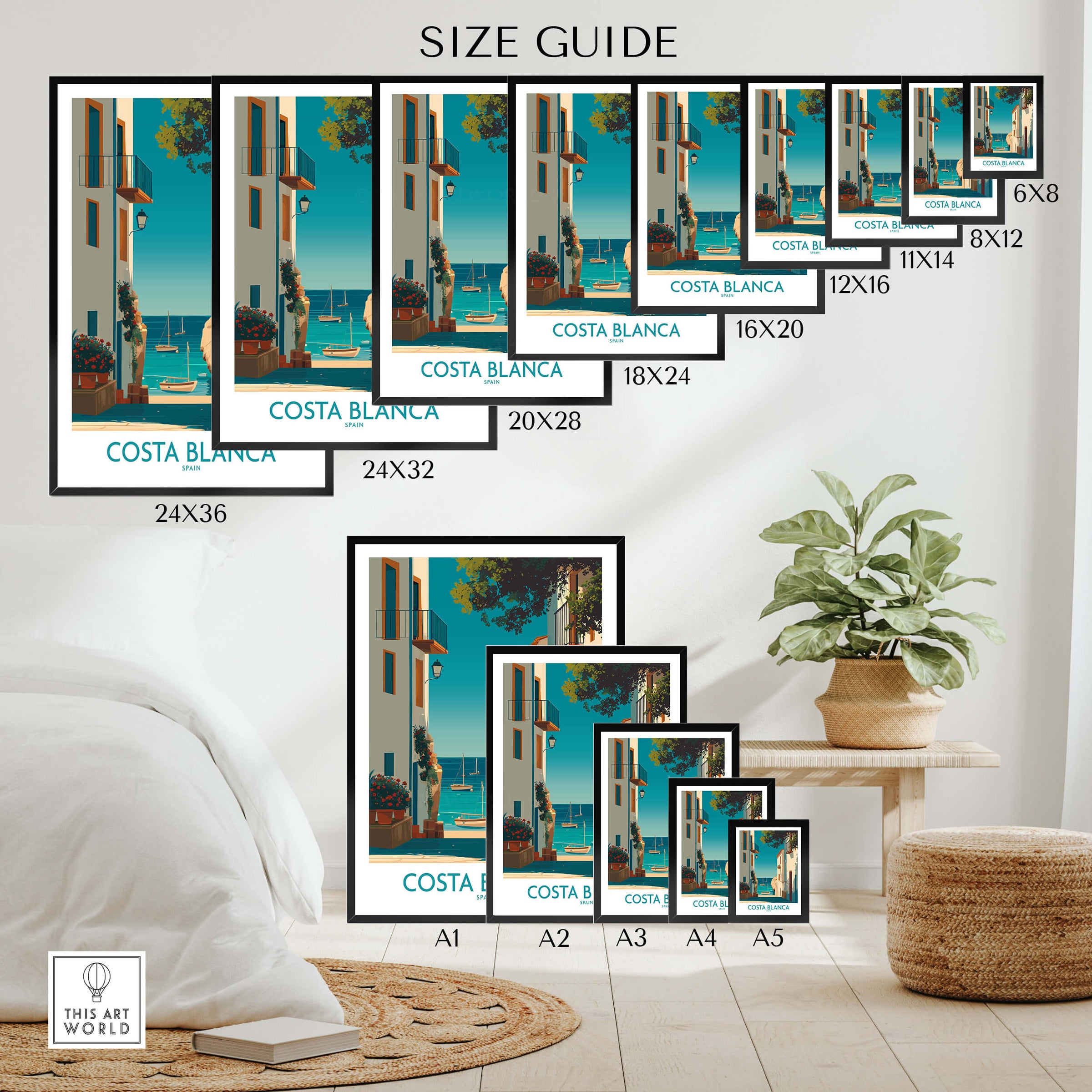 Costa Blanca Spain Wall Art Print - Spanish Village Artwork size guide featuring various frame dimensions.
