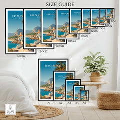 Costa Blanca Travel Poster - Spain Canvas Print Size Guide with various frame sizes displayed in a stylish room.
