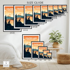 Crater Lake National Park wall art poster size guide with sunset landscape and deer silhouettes.