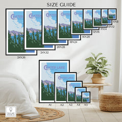 Crater Lake National Park wall art poster size guide with nature illustration in various print dimensions