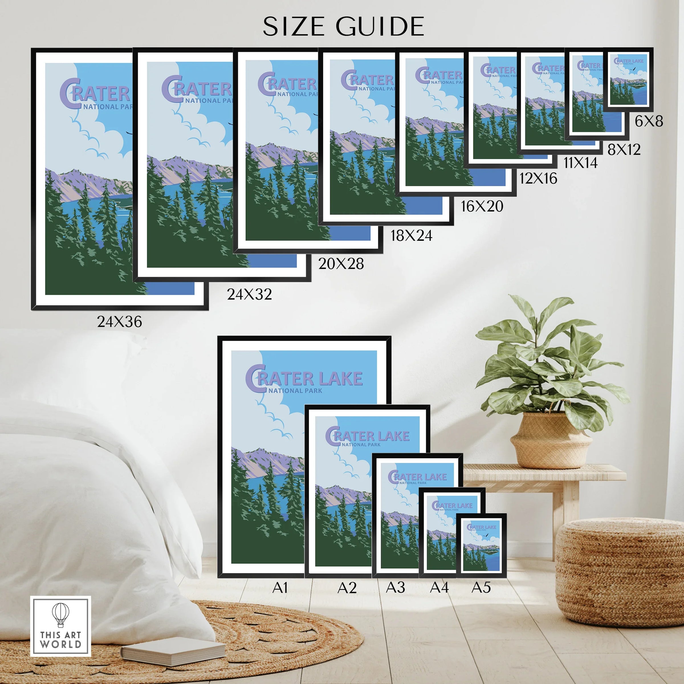 Crater Lake National Park wall art poster size guide with nature illustration in various print dimensions
