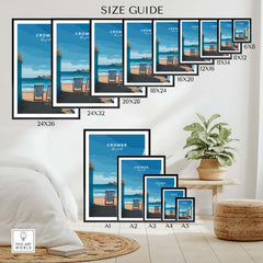 Cromer Travel Poster – Norfolk Beach Huts Art Print size guide showcasing various frame sizes.