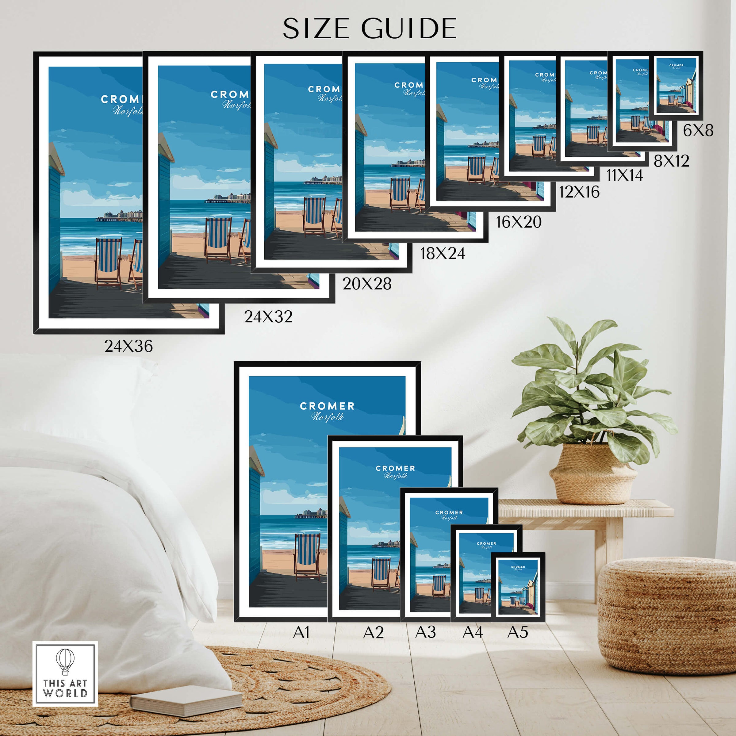 Cromer Travel Poster – Norfolk Beach Huts Art Print size guide showcasing various frame sizes.