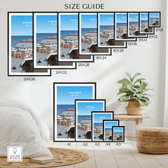 Cromer Travel Poster – Norfolk Pier & Pavilion Theatre Landmark Art size guide displayed with various frame sizes.