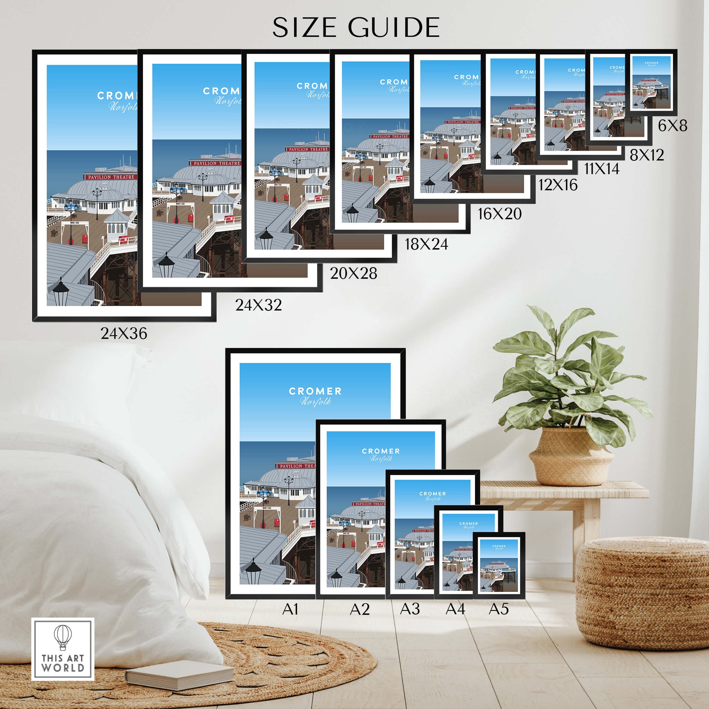 Cromer Travel Poster – Norfolk Pier & Pavilion Theatre Landmark Art size guide displayed with various frame sizes.