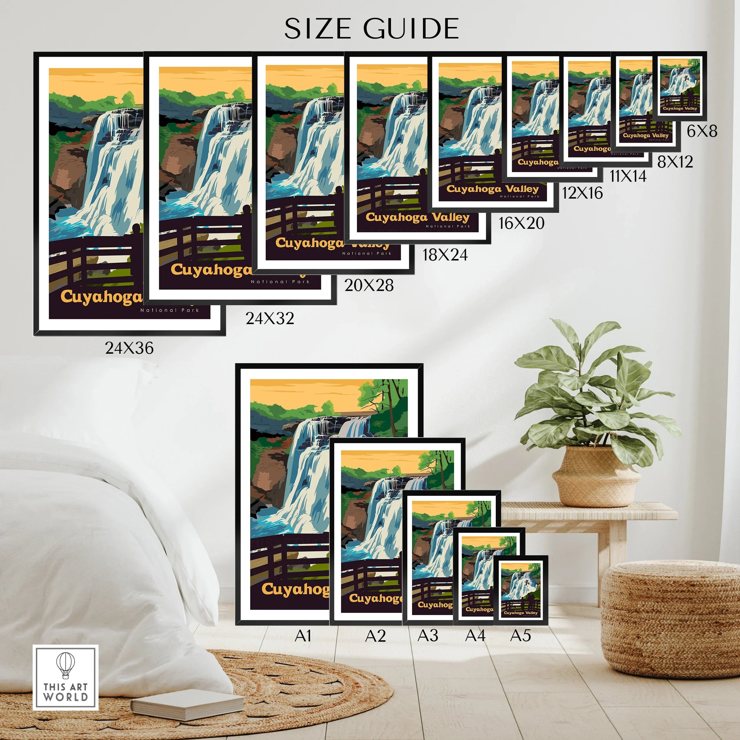 Cuyahoga Valley National Park waterfall art poster size guide, modern wall decor print