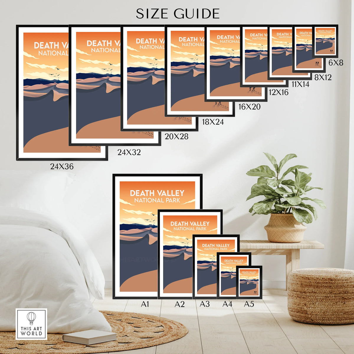 Death Valley National Park wall art poster size guide with desert landscape prints on display.