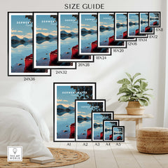 Derwentwater Travel Poster – Lake District Art Print size guide showcasing various print dimensions for home decor.