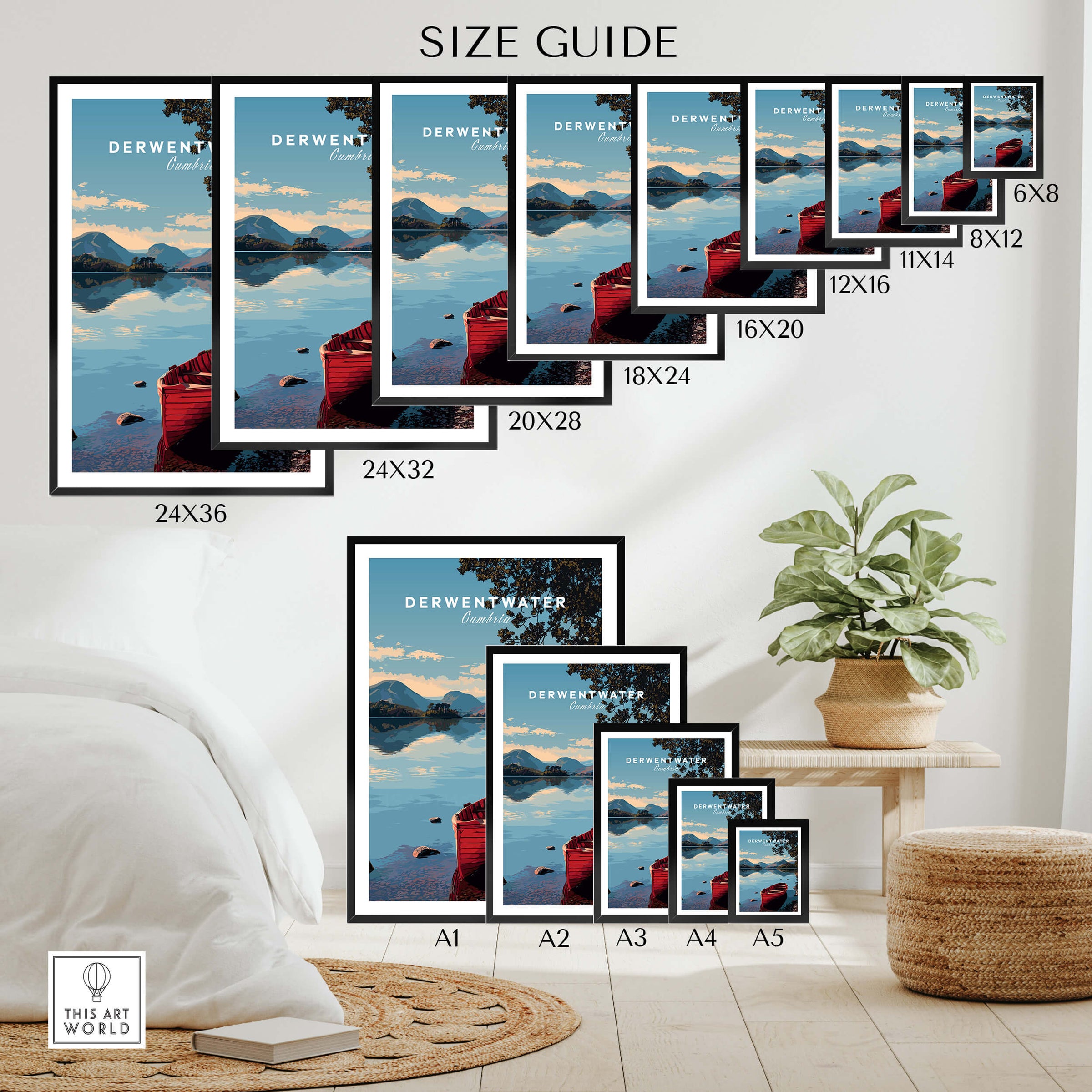 Derwentwater Travel Poster – Lake District Art Print size guide showcasing various print dimensions for home decor.