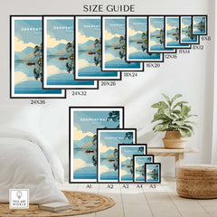 Size guide for Derwentwater Print – Lake District Sunset Poster in various frame sizes.