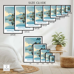 Derwentwater Cumbria Wall Art – Canvas Print size guide showing multiple sizes with Derwentwater artwork in a stylish room setting.