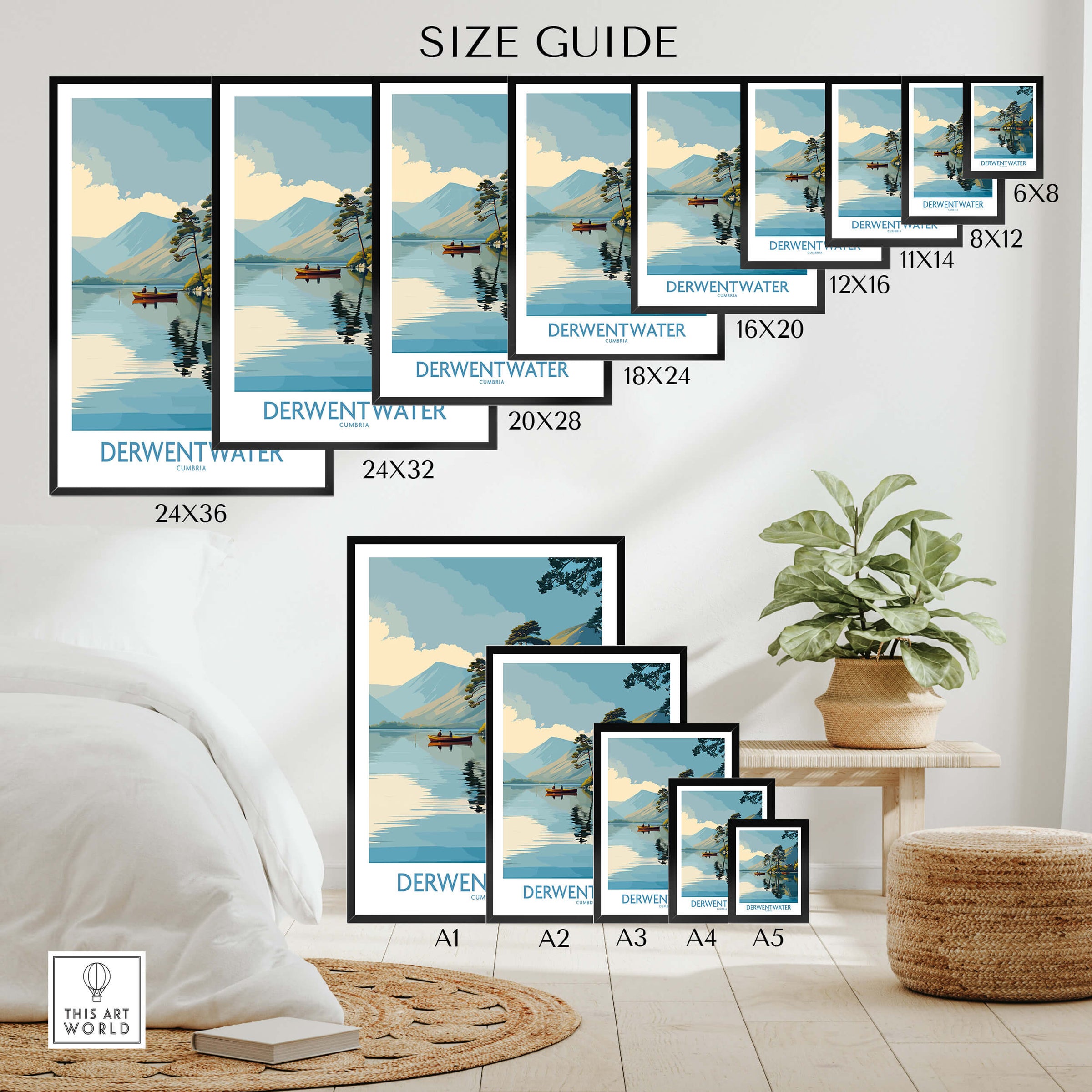 Derwentwater Cumbria Wall Art – Canvas Print size guide showing multiple sizes with Derwentwater artwork in a stylish room setting.