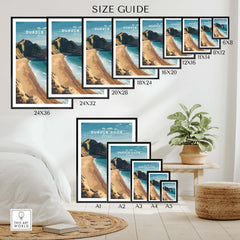 Durdle Door Poster – Jurassic Coast Wall Art size guide showcasing various frame sizes.