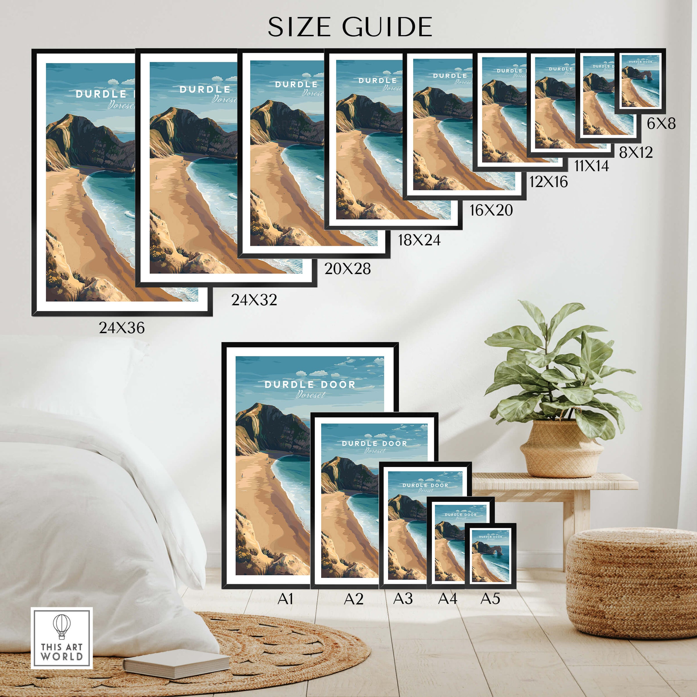 Durdle Door Poster – Jurassic Coast Wall Art size guide showcasing various frame sizes.