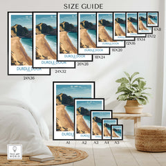 Durdle Door Art Print Dorset Wall Art size guide showcasing various print sizes against a stylish room backdrop.
