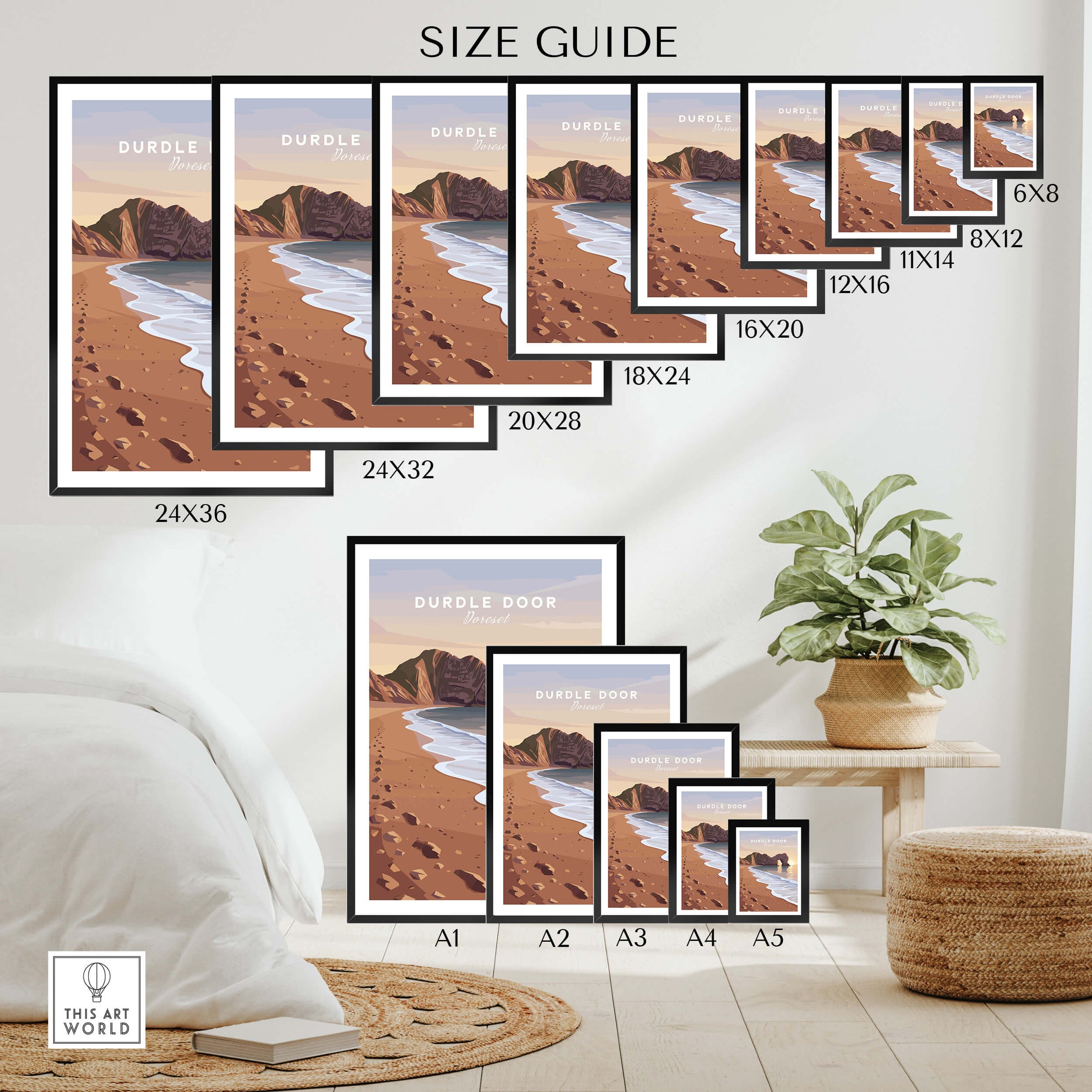 Durdle Door Travel Poster – Jurassic Coast Sunset Art size guide displayed in a stylish interior setting.
