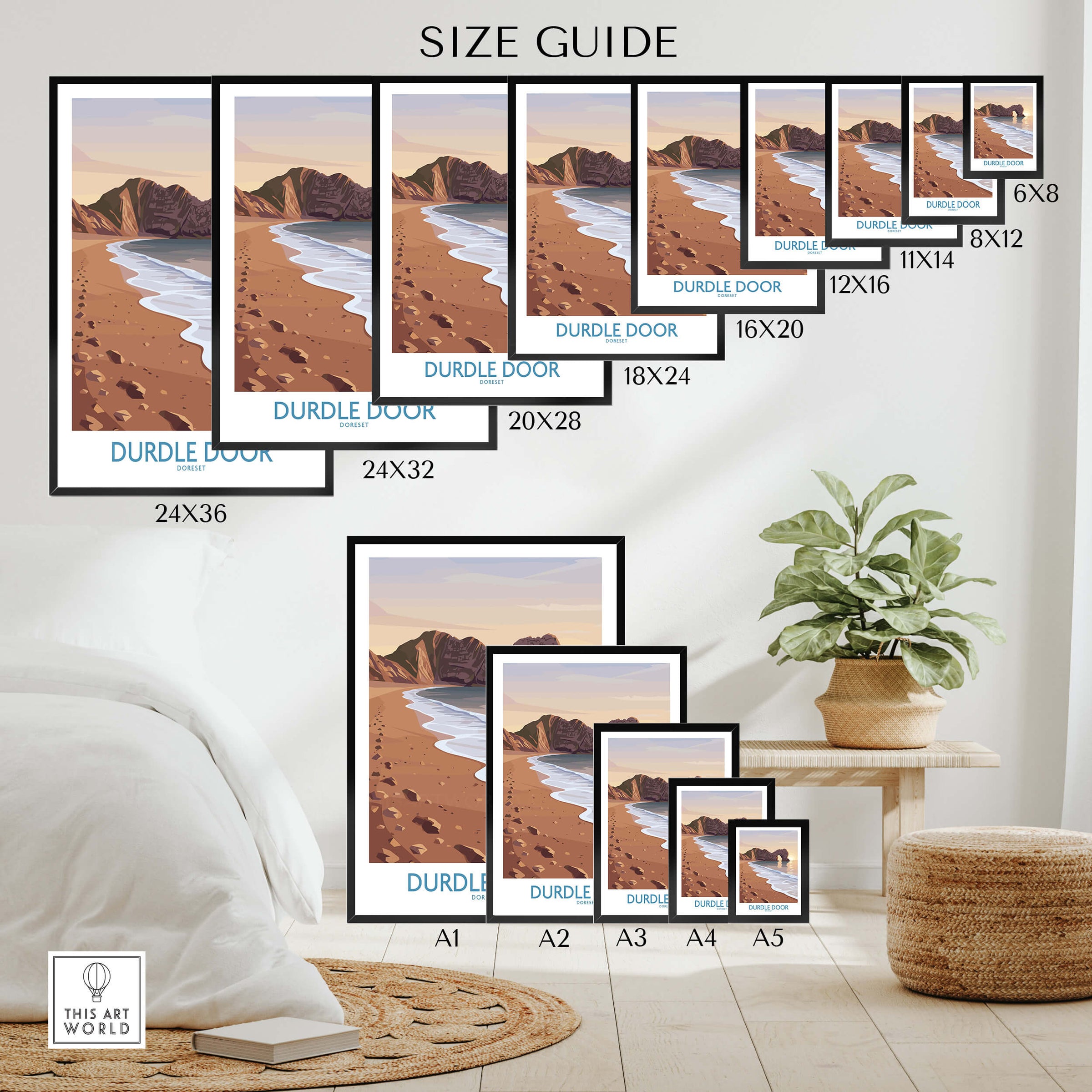 Durdle Door Dorset Wall Art – Canvas Poster size guide showcasing various dimensions and formats.