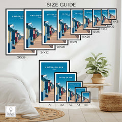 Frinton-on-Sea Travel Poster – Essex Coastline Beach Huts & Prom Art size guide showcasing various print dimensions.