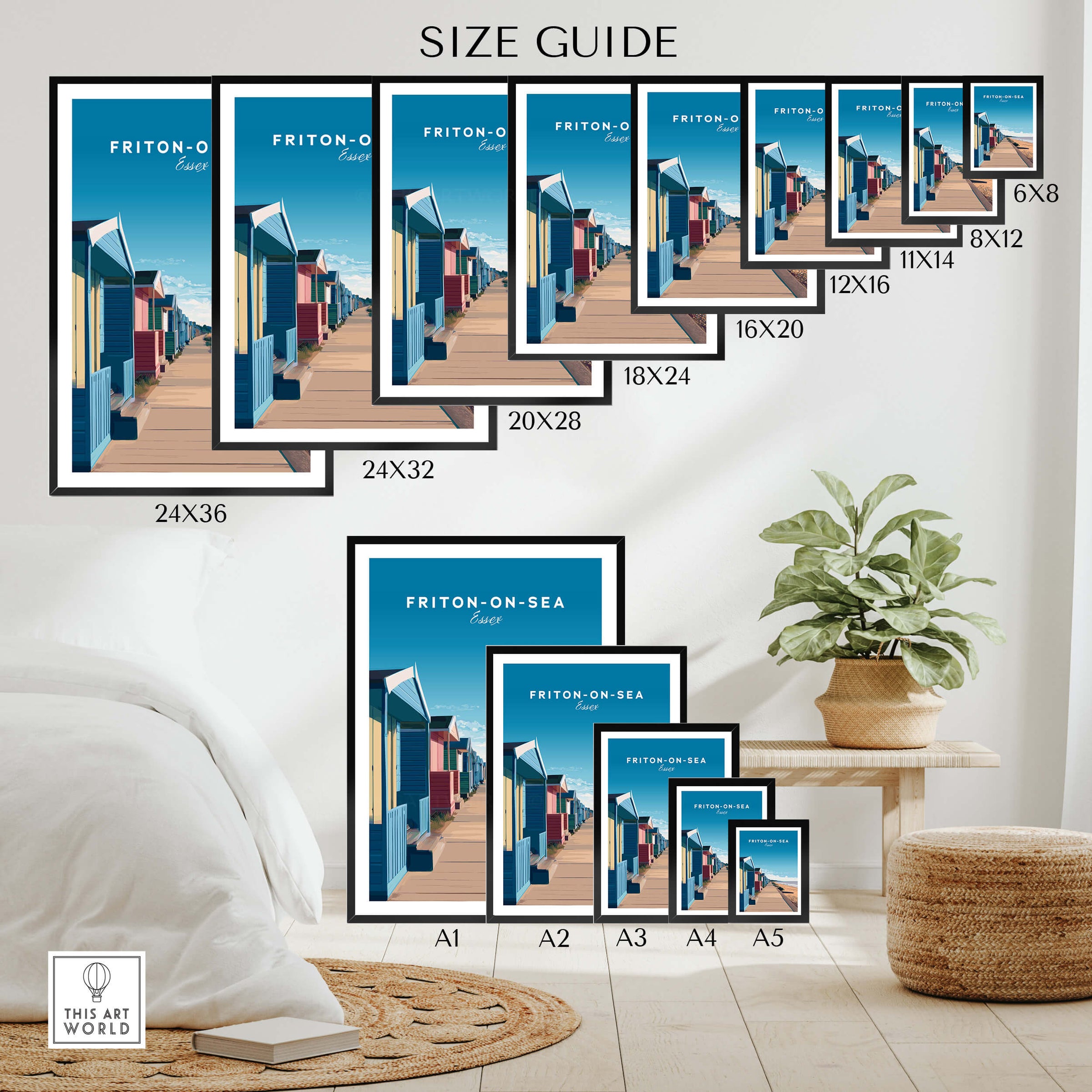 Frinton-on-Sea Travel Poster – Essex Coastline Beach Huts & Prom Art size guide showcasing various print dimensions.