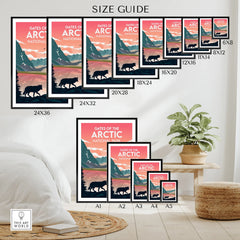 Wall art poster size guide for Gates of the Arctic National Park, with mountain and wolf design.
