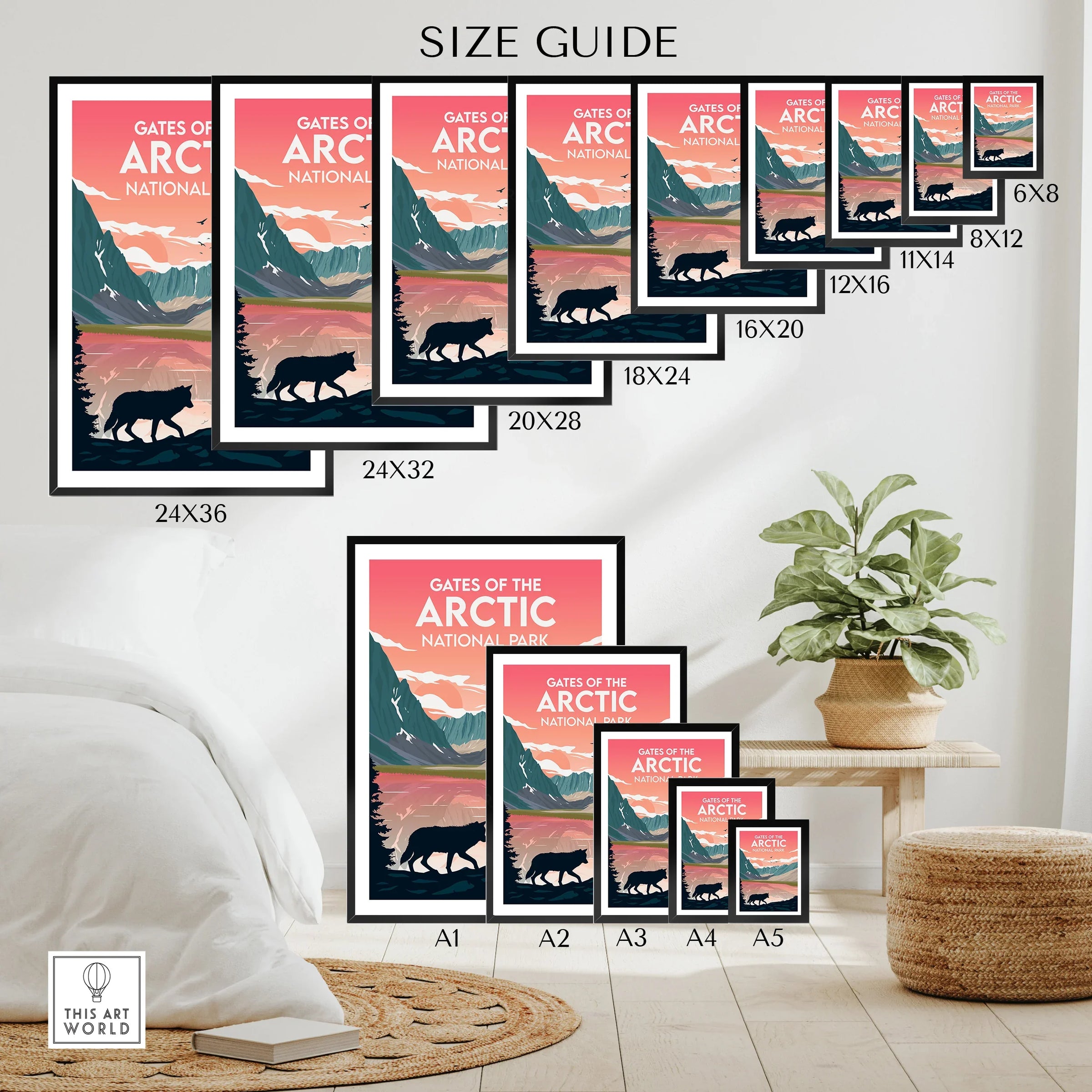 Wall art poster size guide for Gates of the Arctic National Park, with mountain and wolf design.