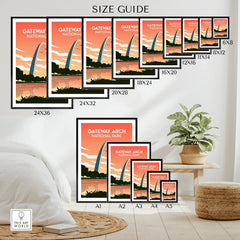 Gateway Arch National Park wall art poster size guide in a modern bedroom with plant decor