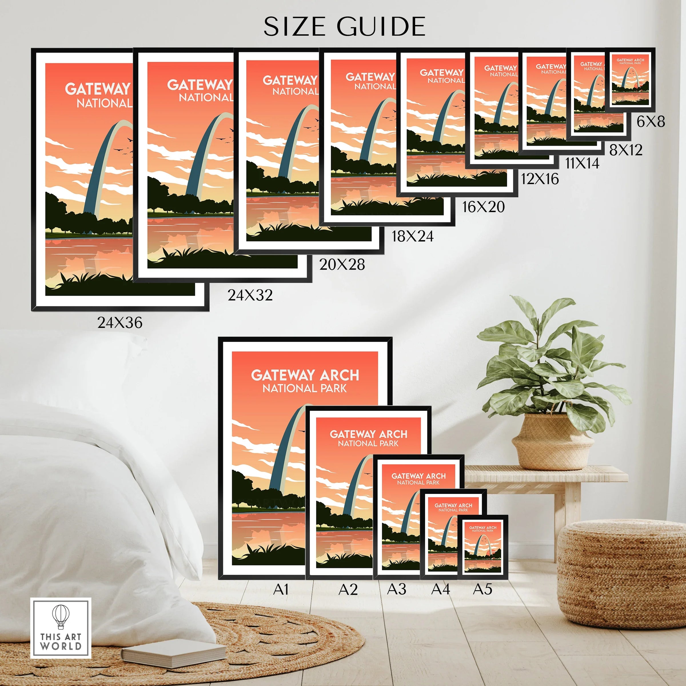 Gateway Arch National Park wall art poster size guide in a modern bedroom with plant decor
