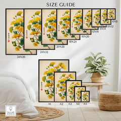 Wall art size guide showing botanical ginkgo leaf poster in various frame dimensions, modern decor