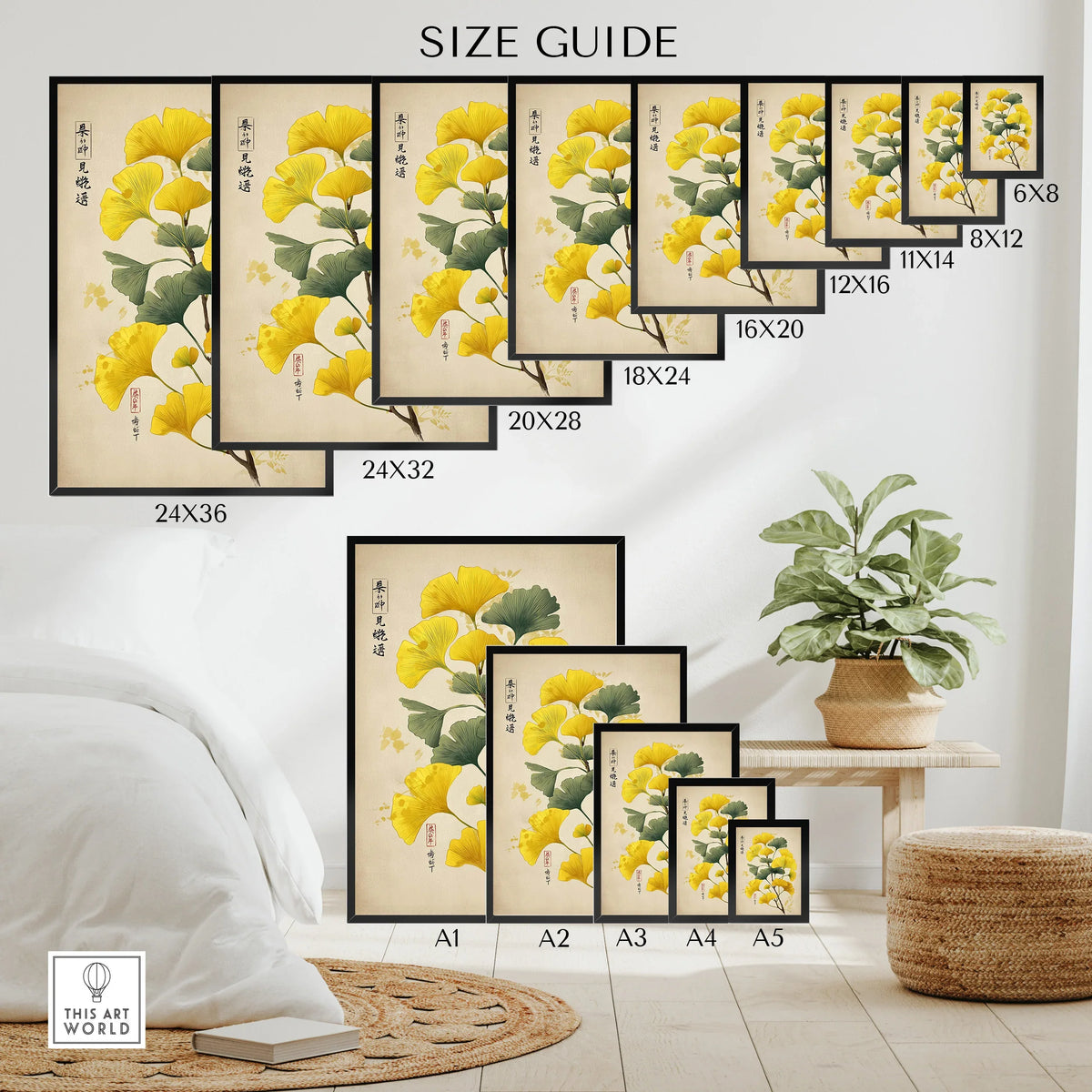 Wall art poster size guide displaying multiple framed prints with yellow ginkgo leaves in a modern living room setting.