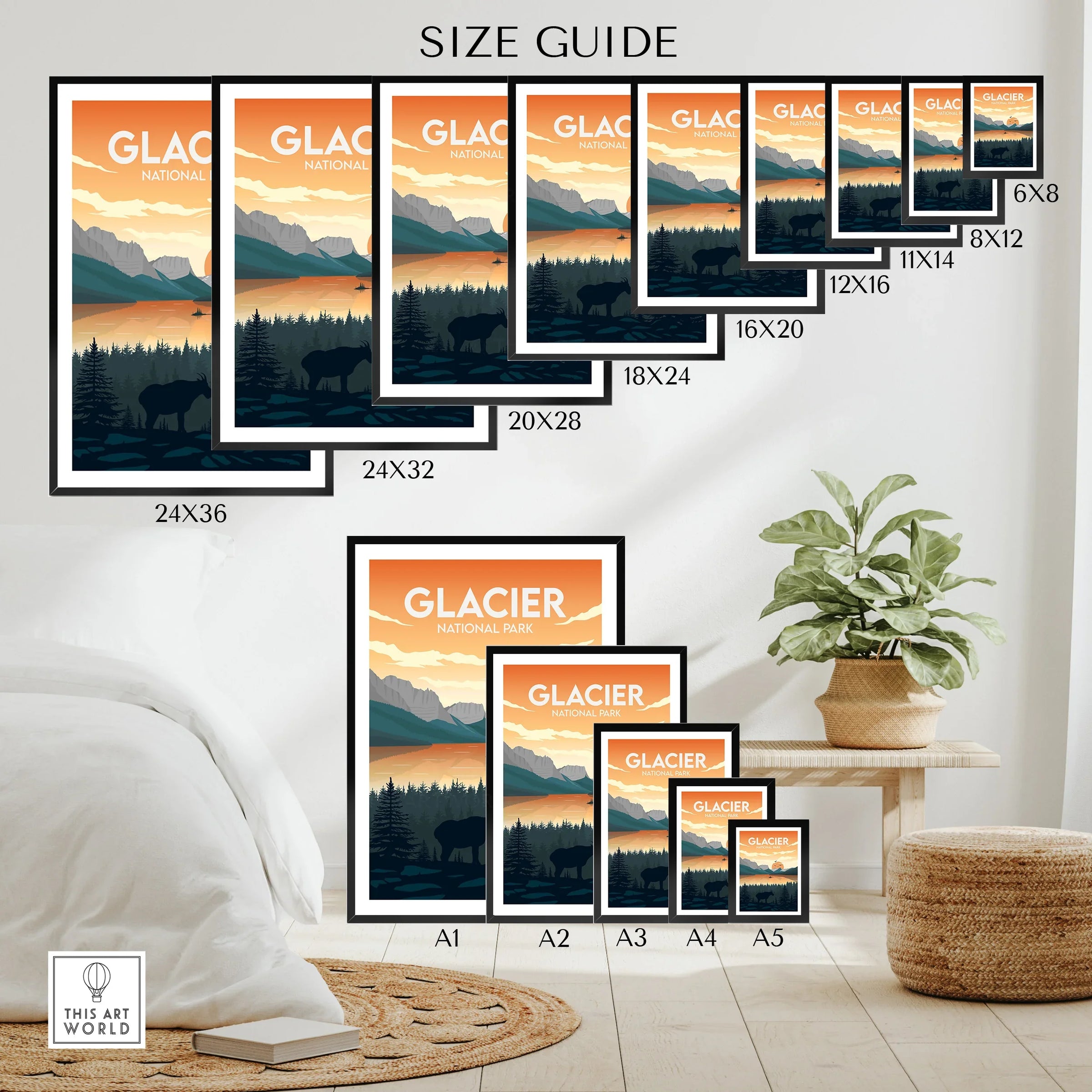 Glacier National Park travel poster wall art size guide with mountain landscape options.