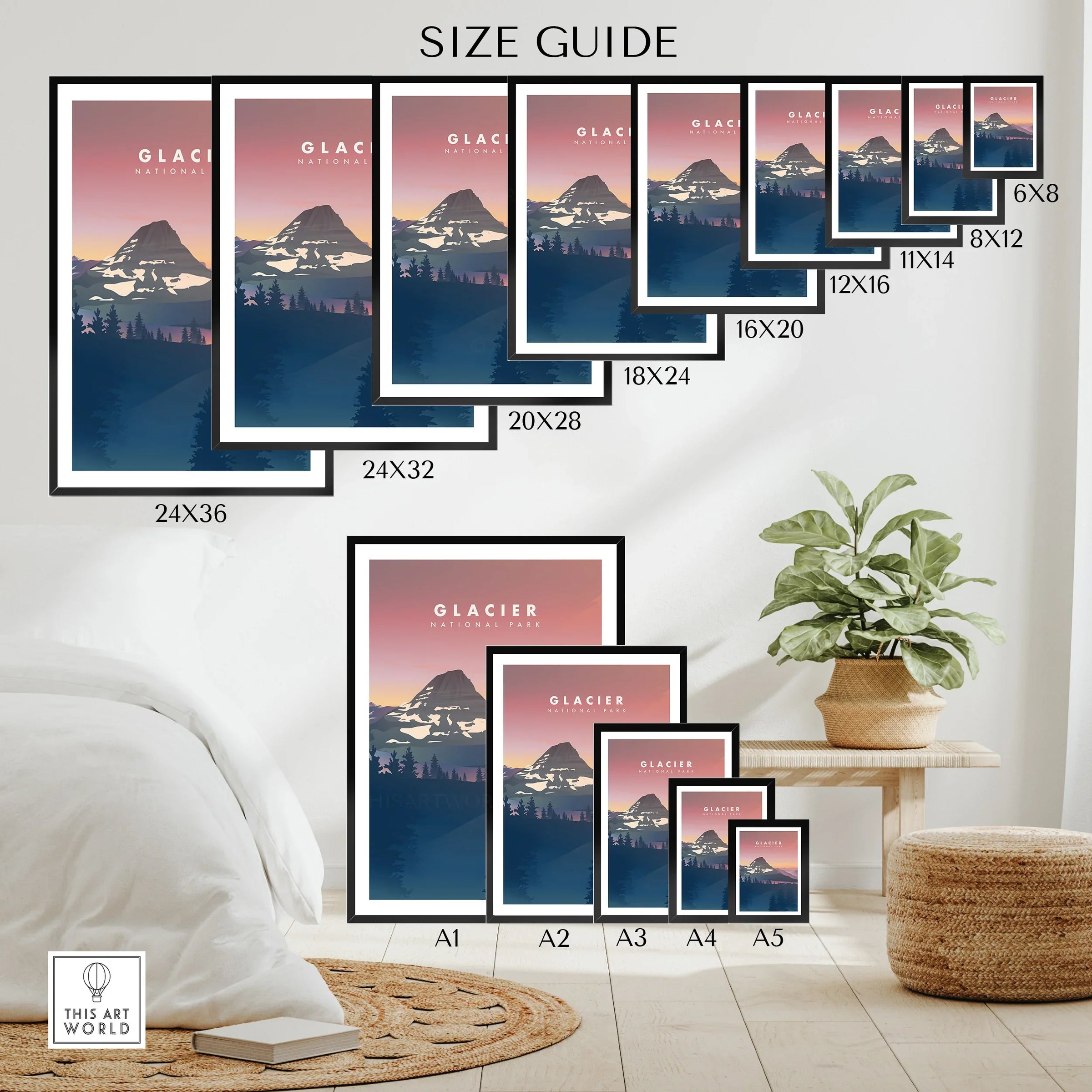 Glacier National Park wall art poster size guide showing framed mountain prints in various sizes.