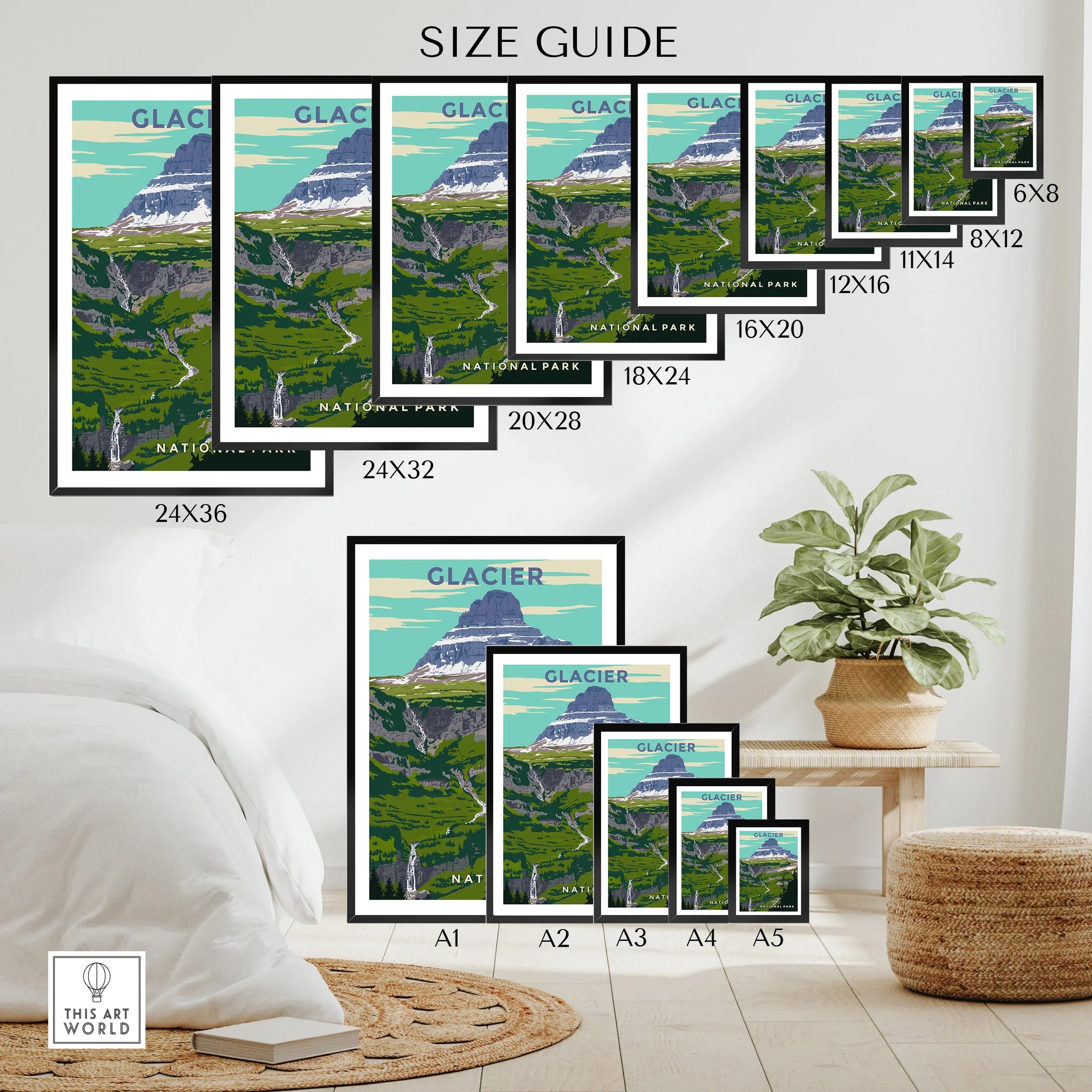 Glacier National Park wall art poster size guide with framed nature landscape prints displayed in various dimensions, perfect for home decor.