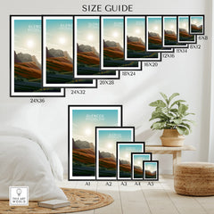 Wall art poster size guide featuring Glencoe National Park travel print in various frame sizes.