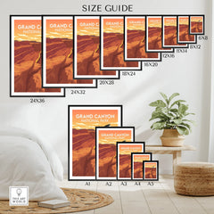 Grand Canyon National Park wall art poster size guide with multiple framed print sizes displayed in a modern room setting.