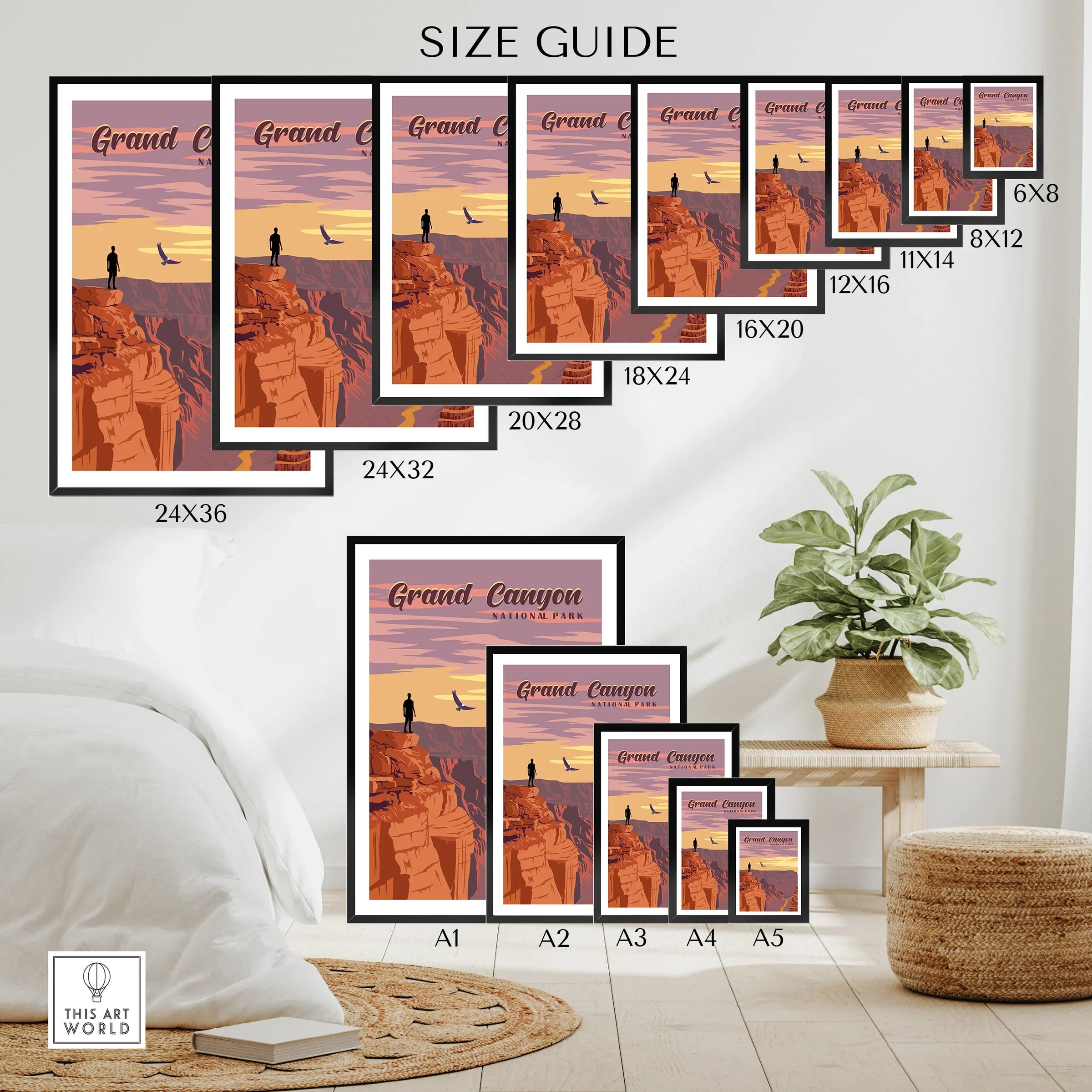 Grand Canyon National Park poster size guide with framed wall art on bedroom wall and plant decor