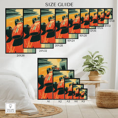 Wall art poster size guide with vintage race car illustration and multiple print sizes displayed.