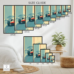 Motorsport wall art poster size guide with vintage race car print displayed in various dimensions.