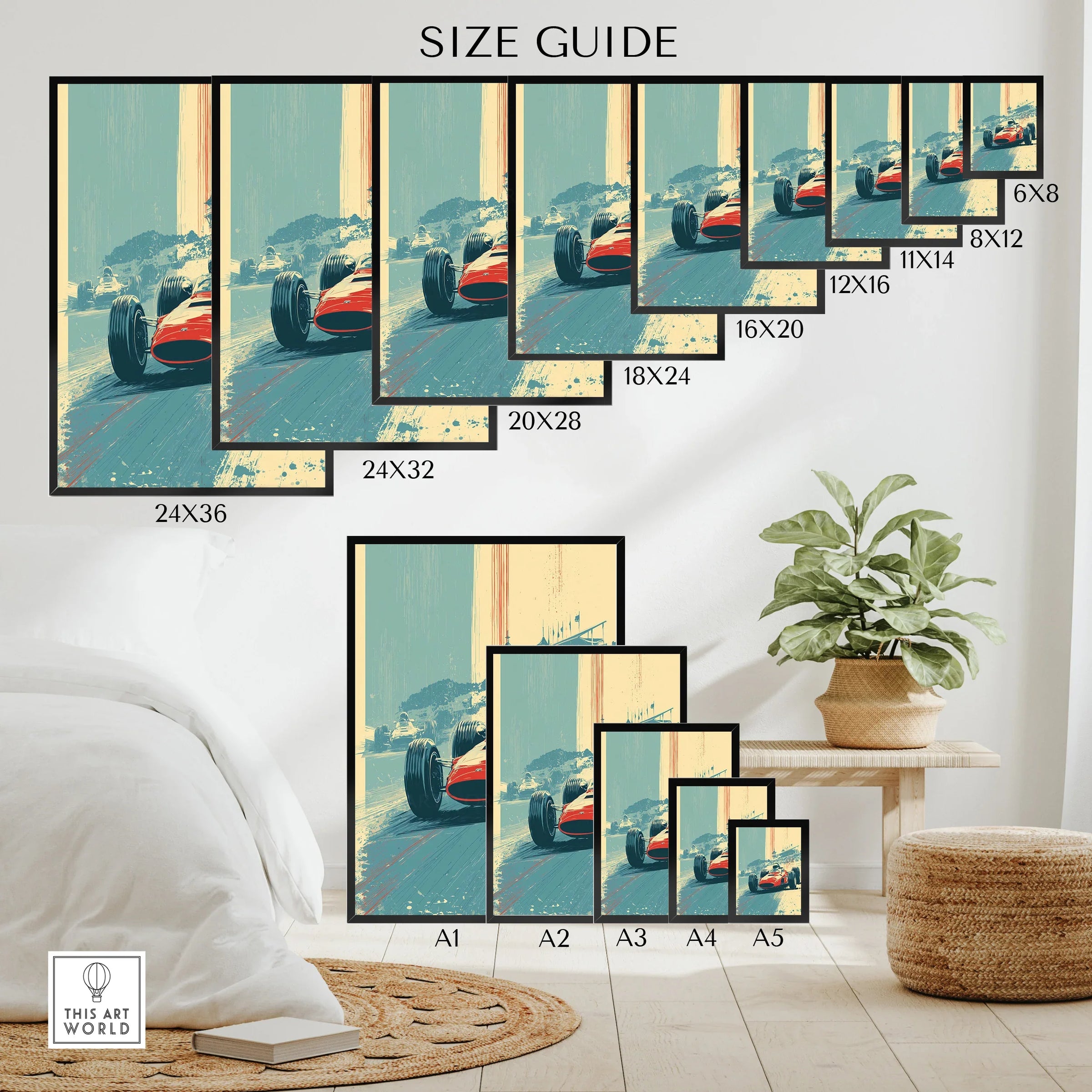 Motorsport wall art poster size guide with vintage race car print displayed in various dimensions.