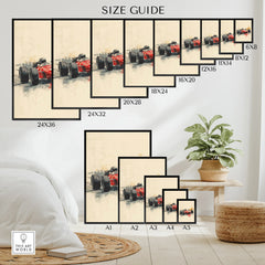 Grand Prix wall art poster size guide featuring red race car print in various dimensions.
