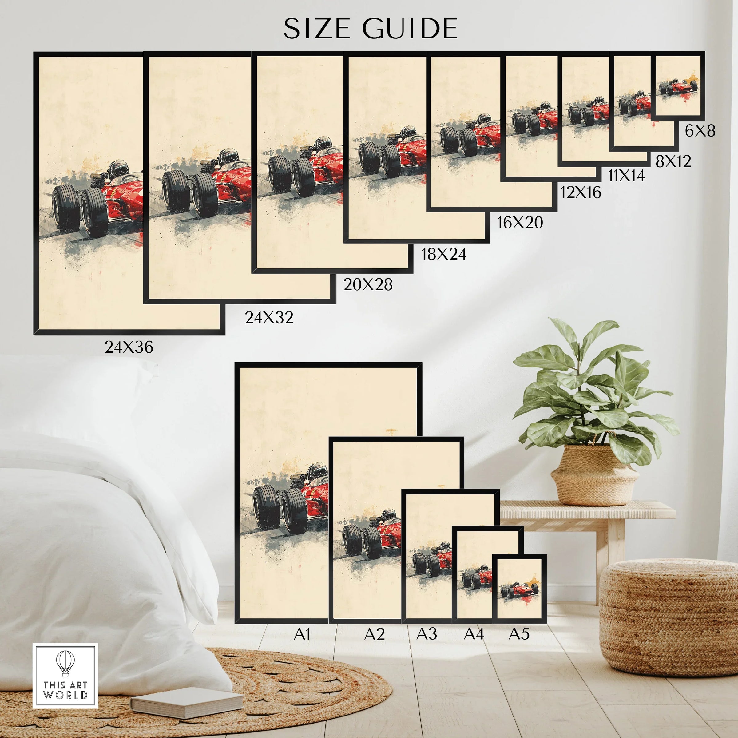 Grand Prix wall art poster size guide featuring red race car print in various dimensions.