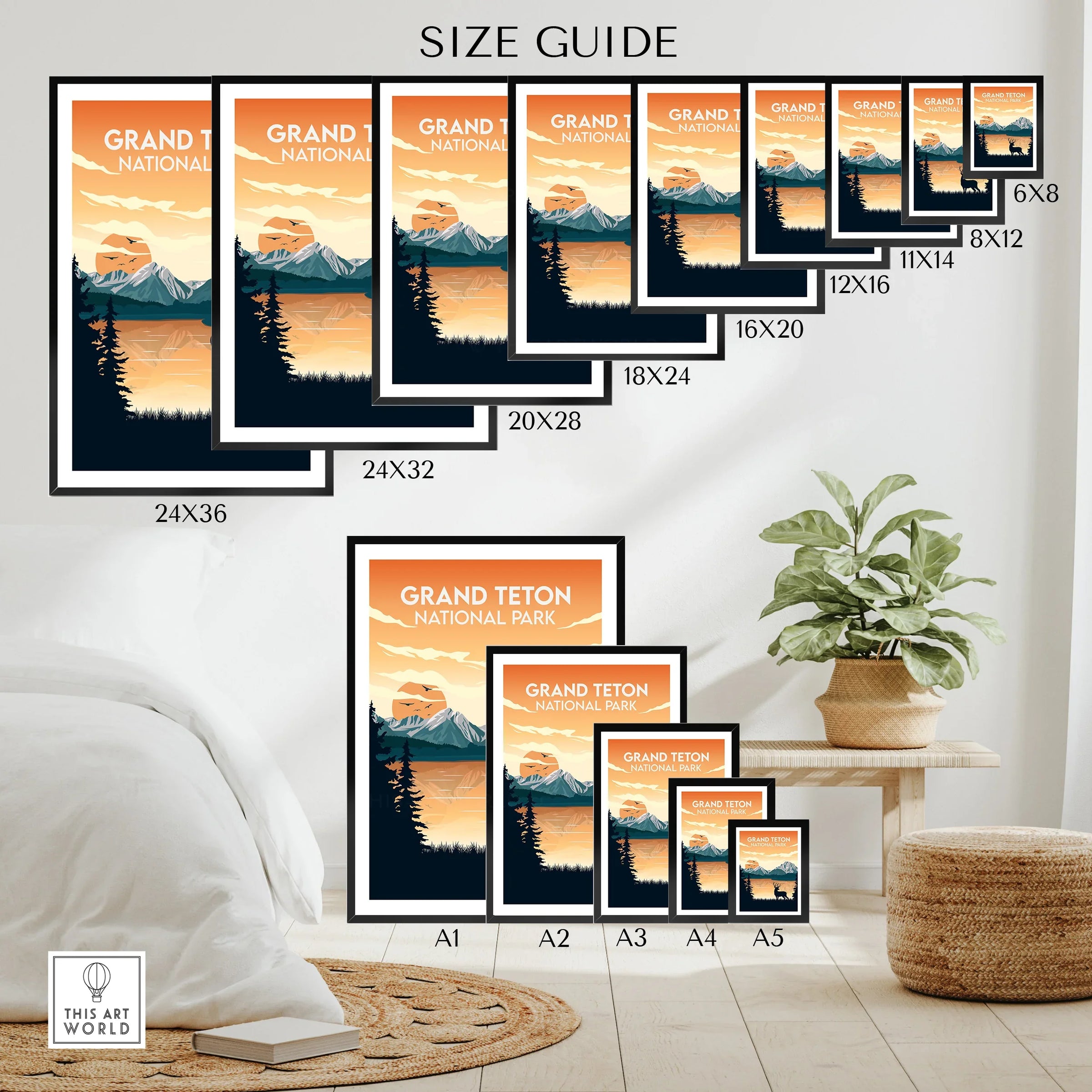 Grand Teton National Park wall art poster size guide with mountain landscape design in various print sizes.
