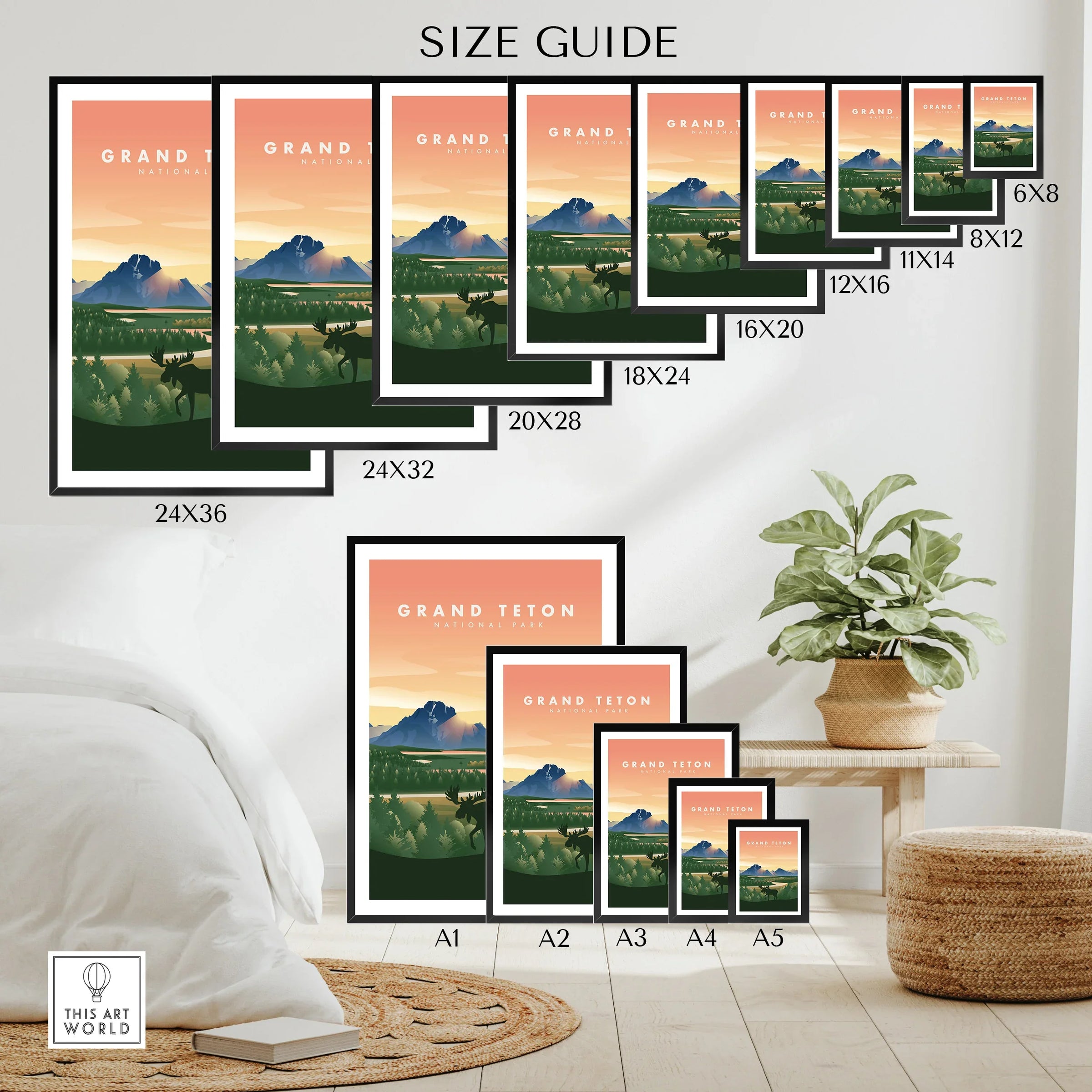 Grand Teton National Park poster size guide with landscape wall art in various frame sizes.