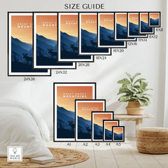 Great Smoky Mountains National Park wall art poster size guide with mountain silhouette and moose.